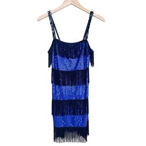 Vintage Fredericks of Hollywood Blue Black Sequin Fringe Dress Sz M